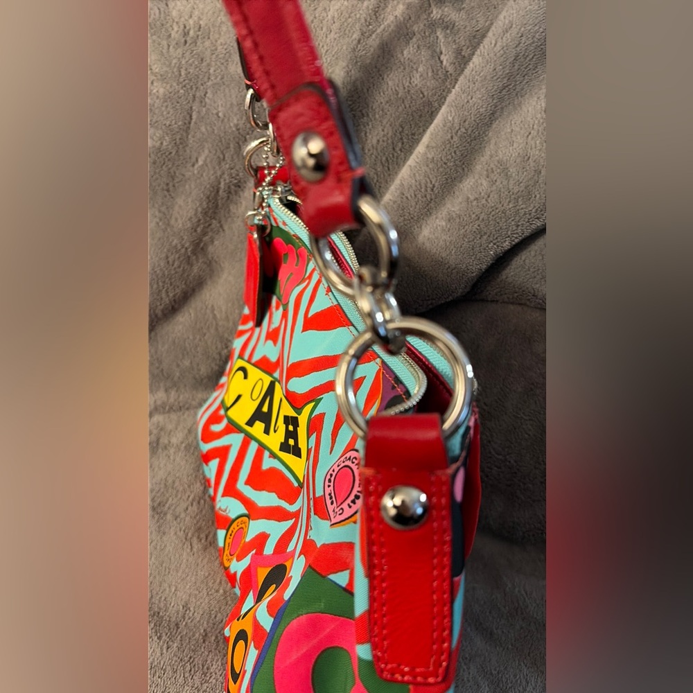 Coach Poppy Graffiti Groovy Multicolor Graphic Print Shoulder Bag with Red Trim - Picture 3 of 10